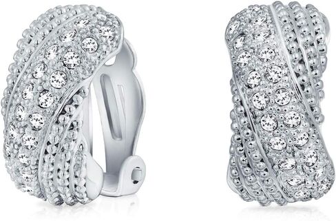 Bridal Prom Criss Cross Twisted Row Pave Crystal Dome Half Hoop Clip On Earrings Non Pierced Ears Silver Plated Brass in Saudi Arabia