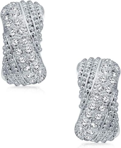 Bridal Prom Criss Cross Twisted Row Pave Crystal Dome Half Hoop Clip On Earrings Non Pierced Ears Silver Plated Brass in Saudi Arabia