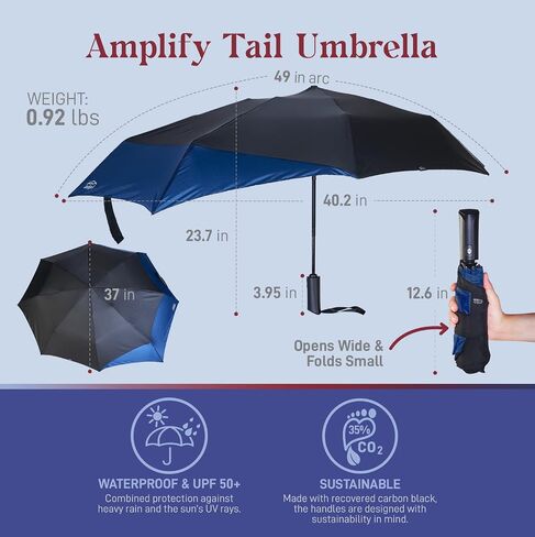 مظلة Coopola Amplify Tail - مظلة كبيرة بقوس 49 بوصة، مظلة للأشعة فوق البنفسجية بزر فتح وإغلاق تلقائي مع قماش UPF 50+، مظلة قابلة للطي خفيفة الوزن بوزن 0.92 رطل، مظلة مدمجة بإطار ممتد in Kuwait