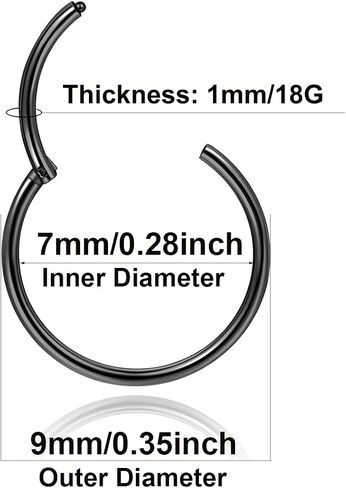 Black Hinged 20g 18g 16g Nose Rings Hoops 6mm 8mm 10mm 12mm 14mm 16mm Septum Ring Clicker Cartilage Helix Hoop Earrings Set in Saudi Arabia