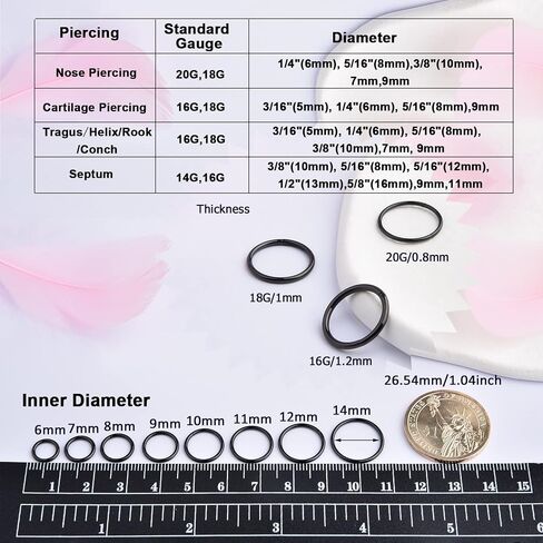 Black Hinged 20g 18g 16g Nose Rings Hoops 6mm 8mm 10mm 12mm 14mm 16mm Septum Ring Clicker Cartilage Helix Hoop Earrings Set in Saudi Arabia