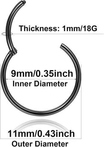 Black Hinged 20g 18g 16g Nose Rings Hoops 6mm 8mm 10mm 12mm 14mm 16mm Septum Ring Clicker Cartilage Helix Hoop Earrings Set in Saudi Arabia