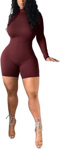 Sprifloral Women's Long Sleeve One Piece Bodycon Short Pants Jumpsuits Rompers High Neck Sexy Bodysuits in Saudi Arabia