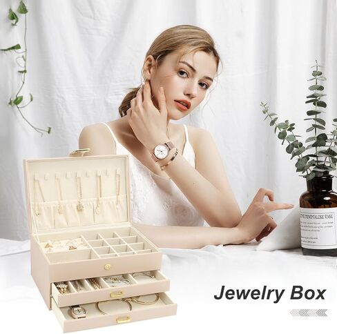 V-LAFUY Jewelry Holder Organizer, Middle Jewelry Organizers and Storage, Jewelry Set Box 3-Tier with 2 Drawers, Jewelry Boxes for Women, Apricot in Saudi Arabia