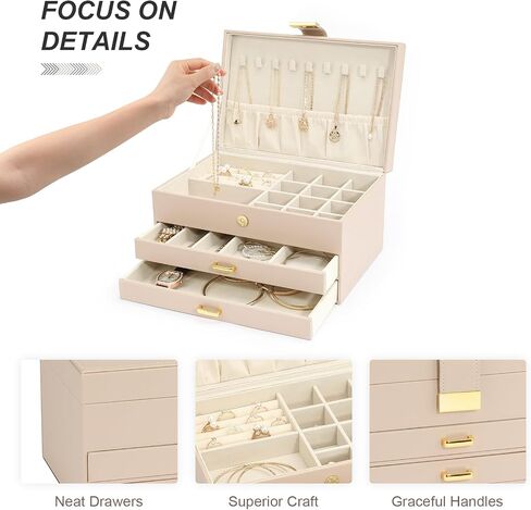 V-LAFUY Jewelry Holder Organizer, Middle Jewelry Organizers and Storage, Jewelry Set Box 3-Tier with 2 Drawers, Jewelry Boxes for Women, Apricot in Saudi Arabia