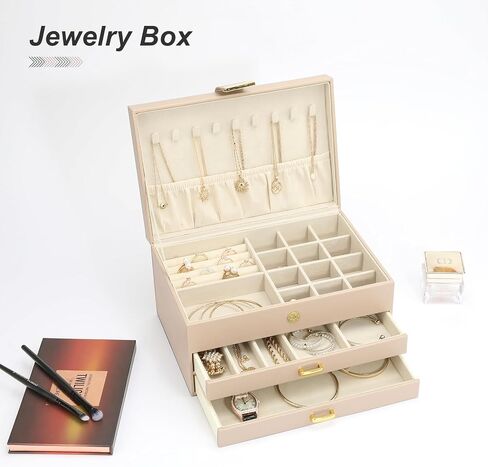 V-LAFUY Jewelry Holder Organizer, Middle Jewelry Organizers and Storage, Jewelry Set Box 3-Tier with 2 Drawers, Jewelry Boxes for Women, Apricot in Saudi Arabia