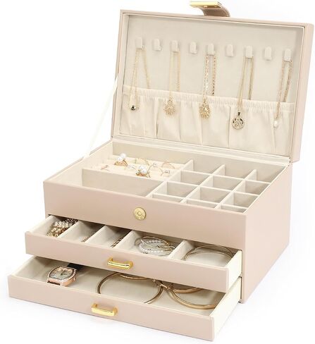 V-LAFUY Jewelry Holder Organizer, Middle Jewelry Organizers and Storage, Jewelry Set Box 3-Tier with 2 Drawers, Jewelry Boxes for Women, Apricot in Saudi Arabia