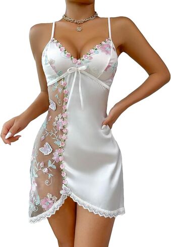 COZYEASE Women's Mesh Embroidery Lace Trim Floral Chemise Sleep Dresses Satin Slip Dress Babydoll Nightgown in Saudi Arabia