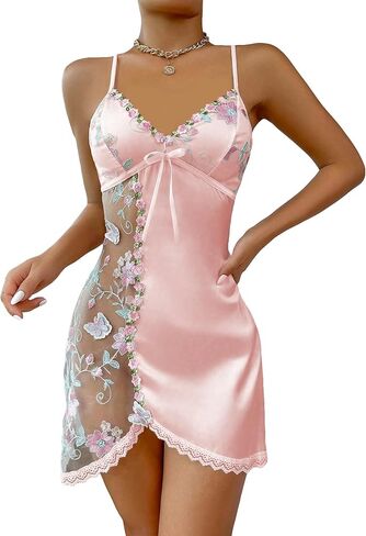فستان نوم نسائي من COZYEASE مطرز شبكي ومزخرف بالدانتيل قميص نوم مزهّر من الساتان فستان نوم بيبي دول in Kuwait