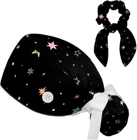 قبعات العمل النسائية منتفخة قبعة جراحية مع القوس Scrunchies ليتل ديزي الفن الطلاء ذيل حصان حامل التعادل الخلفي فرك قبعة in Saudi Arabia