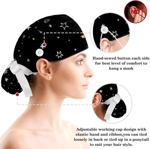 قبعات العمل النسائية منتفخة قبعة جراحية مع القوس Scrunchies ليتل ديزي الفن الطلاء ذيل حصان حامل التعادل الخلفي فرك قبعة in Saudi Arabia