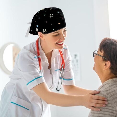قبعات العمل النسائية منتفخة قبعة جراحية مع القوس Scrunchies ليتل ديزي الفن الطلاء ذيل حصان حامل التعادل الخلفي فرك قبعة in Saudi Arabia