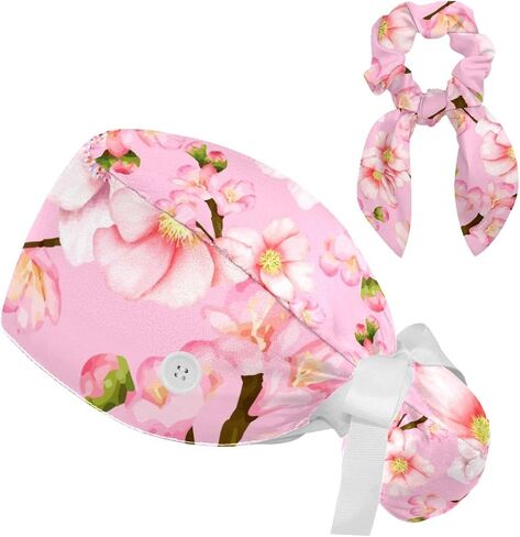 قبعات العمل النسائية منتفخة قبعة جراحية مع القوس Scrunchies ليتل ديزي الفن الطلاء ذيل حصان حامل التعادل الخلفي فرك قبعة in Saudi Arabia