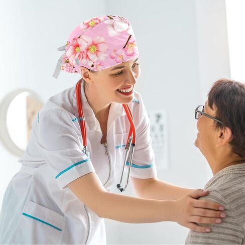 قبعات العمل النسائية منتفخة قبعة جراحية مع القوس Scrunchies ليتل ديزي الفن الطلاء ذيل حصان حامل التعادل الخلفي فرك قبعة in Saudi Arabia