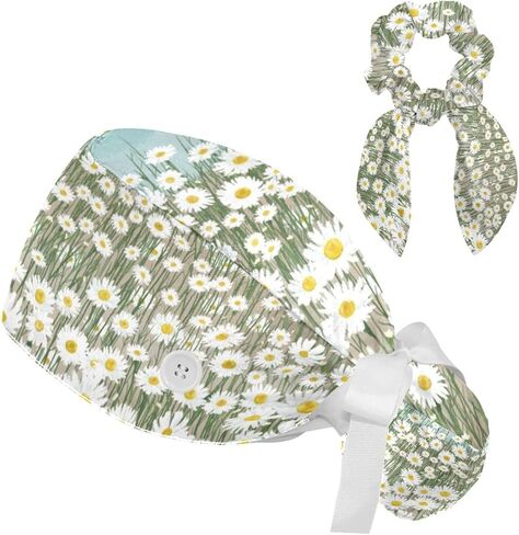 قبعات العمل النسائية منتفخة قبعة جراحية مع القوس Scrunchies ليتل ديزي الفن الطلاء ذيل حصان حامل التعادل الخلفي فرك قبعة in Saudi Arabia