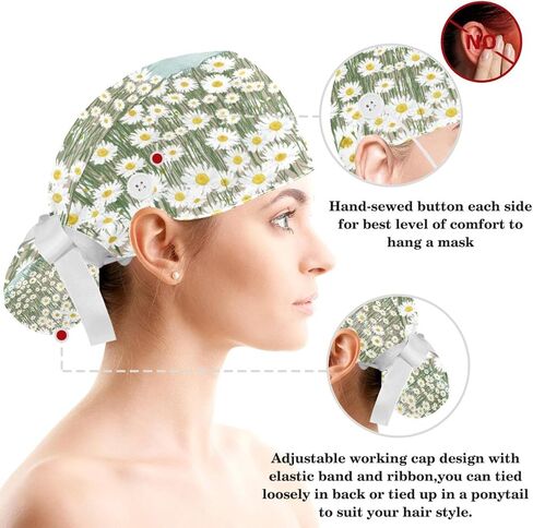 قبعات العمل النسائية منتفخة قبعة جراحية مع القوس Scrunchies ليتل ديزي الفن الطلاء ذيل حصان حامل التعادل الخلفي فرك قبعة in Saudi Arabia