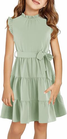Geckatte Girls Dresses Casual Ruffle Sleeve Plain Tiered Pleated Party Midi Dress with Belt 4-15 Years in Saudi Arabia