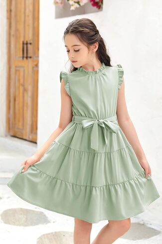 Geckatte Girls Dresses Casual Ruffle Sleeve Plain Tiered Pleated Party Midi Dress with Belt 4-15 Years in Saudi Arabia