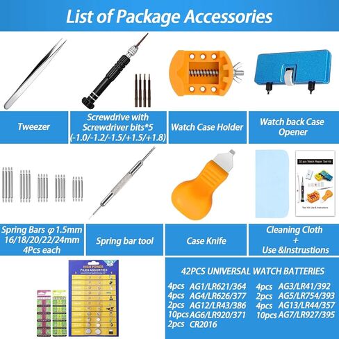 Watch Battery Replacement Kit, GLDCAPA Watch Repair Screwdriver, Watch Band Replacement tool, Watch Wrench Back Remover, Watch Case Opener, Spring bar, Tweezers with 42pcs Watch Battery in Kuwait
