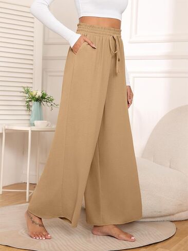 Women's Wide Leg Linen Pants High Waisted Flowy Palazzo Pants Lounge Loose Casual Work Pants Trousers Pockets in Kuwait