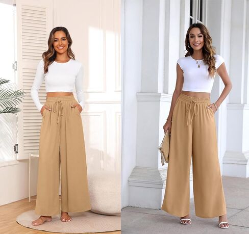 Women's Wide Leg Linen Pants High Waisted Flowy Palazzo Pants Lounge Loose Casual Work Pants Trousers Pockets in Kuwait