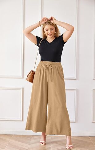 Women's Wide Leg Linen Pants High Waisted Flowy Palazzo Pants Lounge Loose Casual Work Pants Trousers Pockets in Kuwait