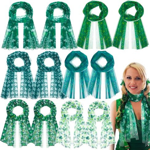 Riyiper 12 Pcs St. Patrick's Day Scarf for Women Green Shamrock Print Scarf Warm Long Irish Clover Silky Scarf for Saint Patrick's Parade Party Favor Holiday Outfits Accessories, 6 Styles in Saudi Arabia
