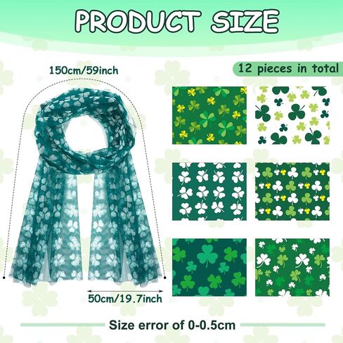 Riyiper 12 Pcs St. Patrick's Day Scarf for Women Green Shamrock Print Scarf Warm Long Irish Clover Silky Scarf for Saint Patrick's Parade Party Favor Holiday Outfits Accessories, 6 Styles in Saudi Arabia