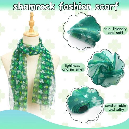Riyiper 12 Pcs St. Patrick's Day Scarf for Women Green Shamrock Print Scarf Warm Long Irish Clover Silky Scarf for Saint Patrick's Parade Party Favor Holiday Outfits Accessories, 6 Styles in Saudi Arabia