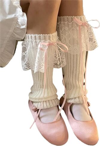 OYOANGLE Women's 1 Pair Lace Trim Bow Rib Knit Leg Warmers Y2K Kawaii Long Socks for 80s Party Dance in Kuwait
