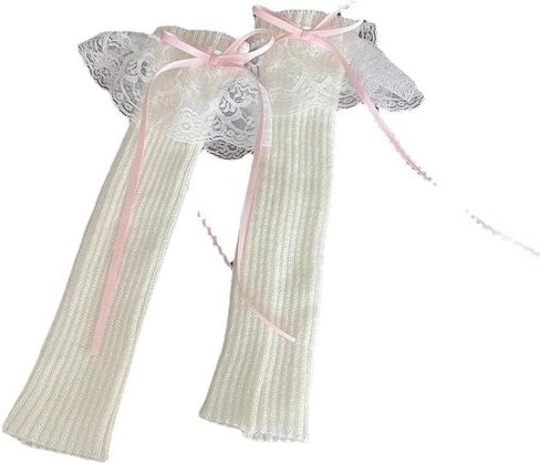 OYOANGLE Women's 1 Pair Lace Trim Bow Rib Knit Leg Warmers Y2K Kawaii Long Socks for 80s Party Dance in Kuwait