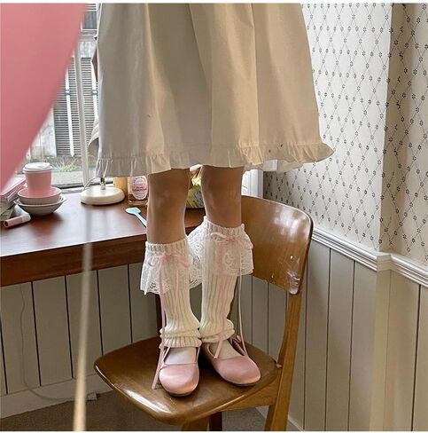 OYOANGLE Women's 1 Pair Lace Trim Bow Rib Knit Leg Warmers Y2K Kawaii Long Socks for 80s Party Dance in Kuwait