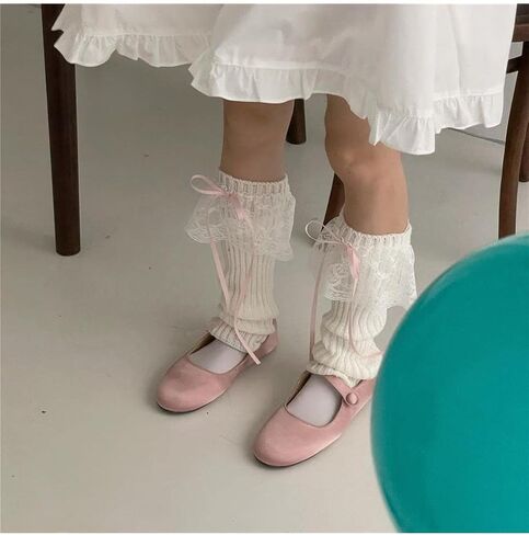 OYOANGLE Women's 1 Pair Lace Trim Bow Rib Knit Leg Warmers Y2K Kawaii Long Socks for 80s Party Dance in Kuwait
