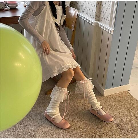 OYOANGLE Women's 1 Pair Lace Trim Bow Rib Knit Leg Warmers Y2K Kawaii Long Socks for 80s Party Dance in Kuwait