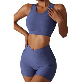 مجموعات التمارين الرياضية للنساء من قطعتين ملابس مضلعة بدون خياطة عالية الخصر بدون أكمام لرياضة اليوغا مع جيب in Kuwait