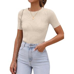 ANRABESS Womens Crewneck Short Sleeve Tops Ribbed Knit Slim Fit T Shirts 2024 Summer Casual Basic Solid Tee Top