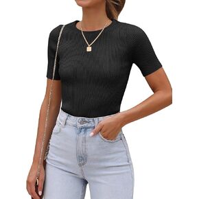 ANRABESS Womens Crewneck Short Sleeve Tops Ribbed Knit Slim Fit T Shirts 2024 Summer Casual Basic Solid Tee Top