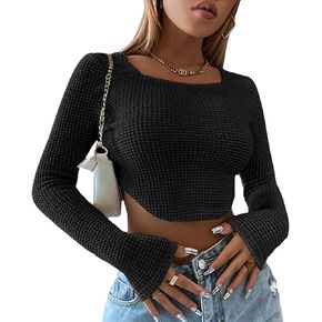 تي شيرت نسائي من Meladyan بأكمام طويلة محبوك ذو رقبة مربعة ومزود بحاشية غير متماثلة in Kuwait