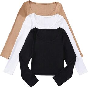 Floerns Girls 3 Pcs Basic Rib Knit Tshirt Solid Long Sleeve Crewneck Tee Shirt