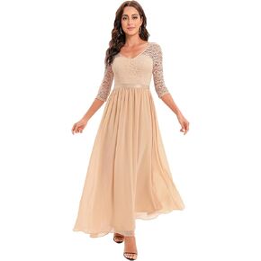 DRESSTELLS Long Formal Bridesmaid V-Neck Prom Dresses for Women Long 3/4 Sleeve Wedding Guest Dress