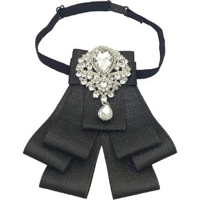 Rhinestone Women's Pre-tied Bowknot Beads Bow Tie Elegant Ribbon Brooch (Black) in Saudi Arabia