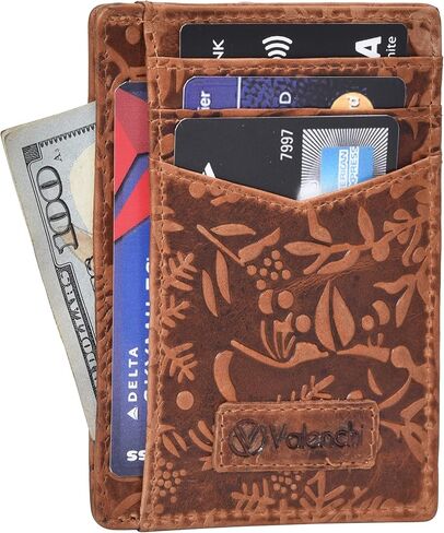 Valenchi - محفظة RFID بجيب أمامي صغير للرجال والنساء مع فتحات متعددة للبطاقات، وجيب للملاحظات ونافذة لبطاقة الهوية (زهرة الكونياك العتيقة) in Kuwait
