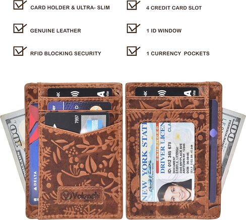 Valenchi - محفظة RFID بجيب أمامي صغير للرجال والنساء مع فتحات متعددة للبطاقات، وجيب للملاحظات ونافذة لبطاقة الهوية (زهرة الكونياك العتيقة) in Kuwait