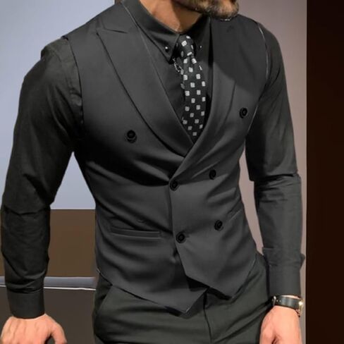 Mcoskly Men's Double Breasted Suit Vests, Casual Business Vests, Slim Fit Waistcoat,for Wedding Groom Dating,Black,M in Saudi Arabia
