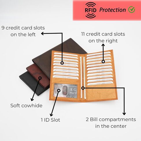 AG Wallets RFID Leather Slim Wallet for Men & Women - Long Compact Bifold Wallet Holds up to 20 Cards, 1 ID & 2 Bill Compartments - Cowhide Leather Zipper Wallet with RFID Protection - Black in Saudi Arabia