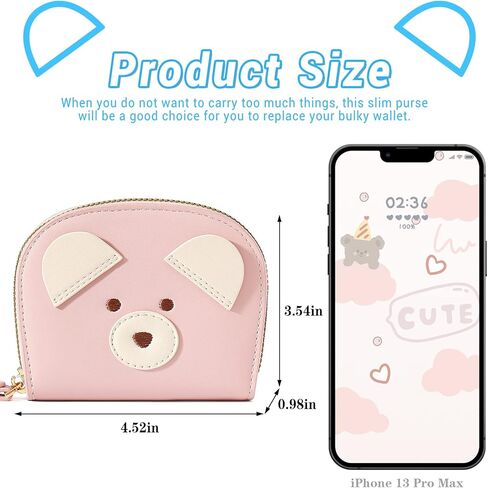 YINHEXI Cute Card Holder Wallet for Women, Bear RIFD Small Leather Zipper Credit Card Holder Wallet for Women with Keychain Wristlet, Business Card Holder for Women (Black) in Kuwait