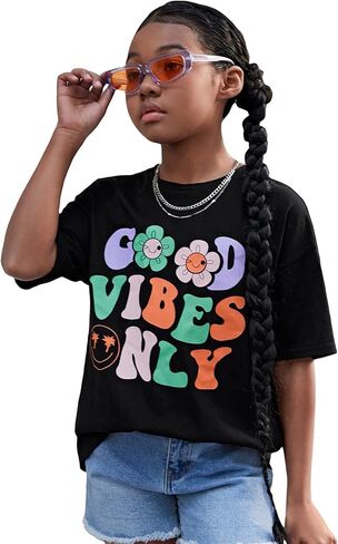 COZYEASE Girl's Letter Graphic Oversized T Shirts Drop Shoulder Short Sleeve Cute Shirts Loose Tee Summer Tops in Saudi Arabia