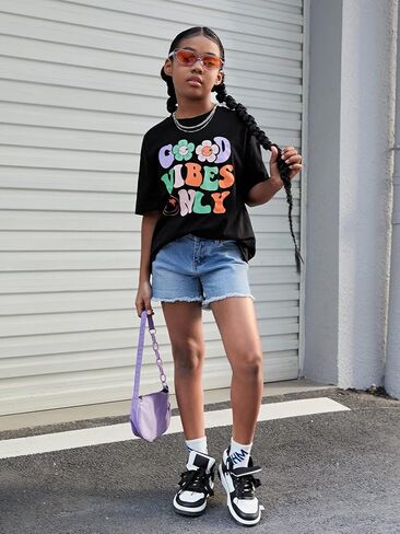 COZYEASE Girl's Letter Graphic Oversized T Shirts Drop Shoulder Short Sleeve Cute Shirts Loose Tee Summer Tops in Saudi Arabia