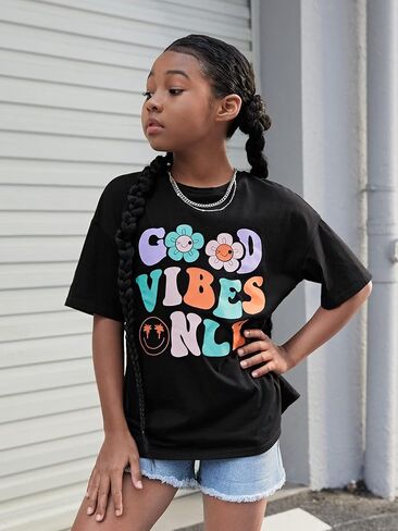 COZYEASE Girl's Letter Graphic Oversized T Shirts Drop Shoulder Short Sleeve Cute Shirts Loose Tee Summer Tops in Saudi Arabia