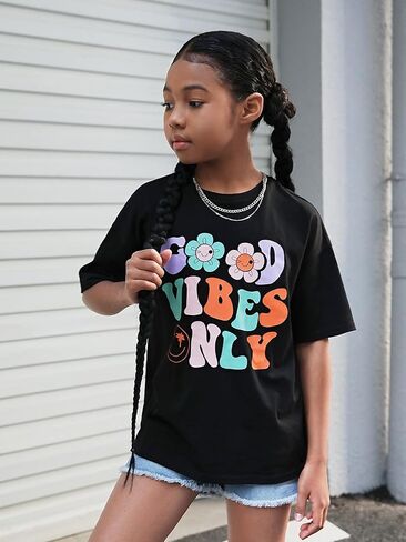 COZYEASE Girl's Letter Graphic Oversized T Shirts Drop Shoulder Short Sleeve Cute Shirts Loose Tee Summer Tops in Saudi Arabia